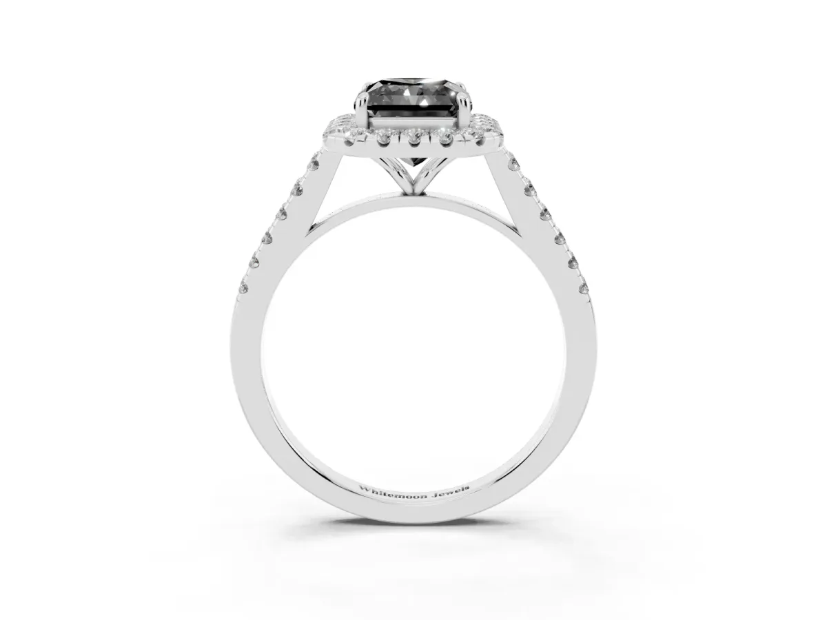 Fancy Black Radiant Cut Halo Pave Diamond Engagement Ring with Four-Prong Setting Platinum