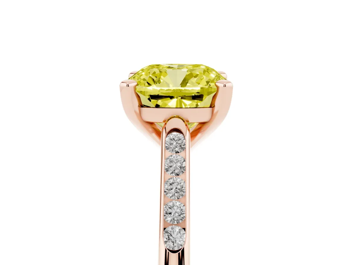 Fancy Yellow Cushion Cut Diamond Solitaire Ring with Channel Set Round Band and Prong Setting Rose gold