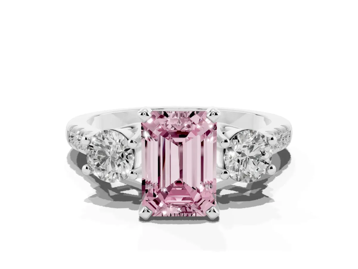 Fancy Pink Three-Stone Emerald Cut Diamond Pavé Band with Four-Prong Setting Platinum