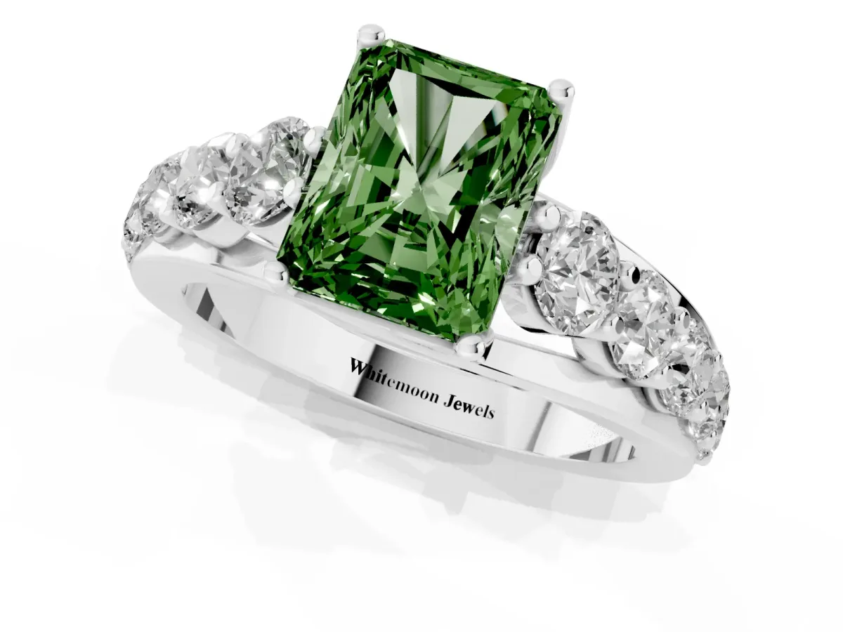 Fancy Green Radiant Cut Diamond Engagement Ring with Pavé Band and Four-Prong Setting Silver