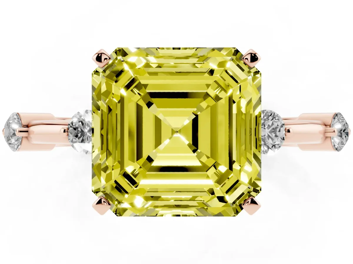 Fancy Yellow Asscher Cut Solitaire Diamond Ring with Bezel Set Side Stones and Prong Setting Rose gold