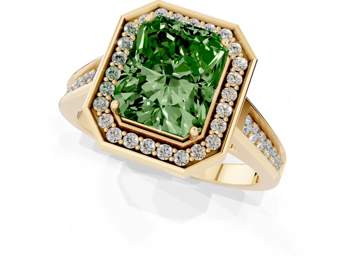 Fancy Green Emerald Cut Halo Solitaire Diamond Ring with Pave Band and Bezel Setting Yellow gold