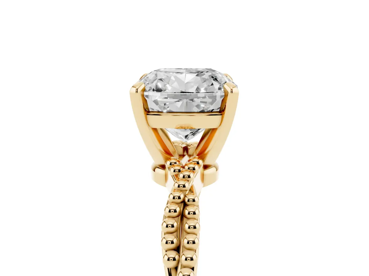 Cushion Cut Solitaire Twisted Band with Bead Prong Setting Yellow gold