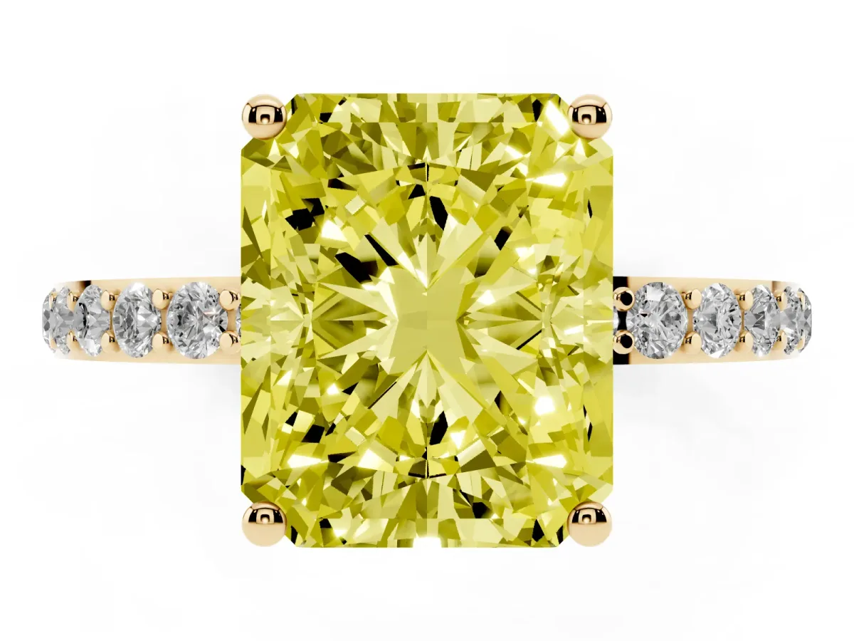 Fancy Yellow Radiant Cut Diamond Solitaire Ring with Round Pavé Shoulders and Prong Setting Yellow gold