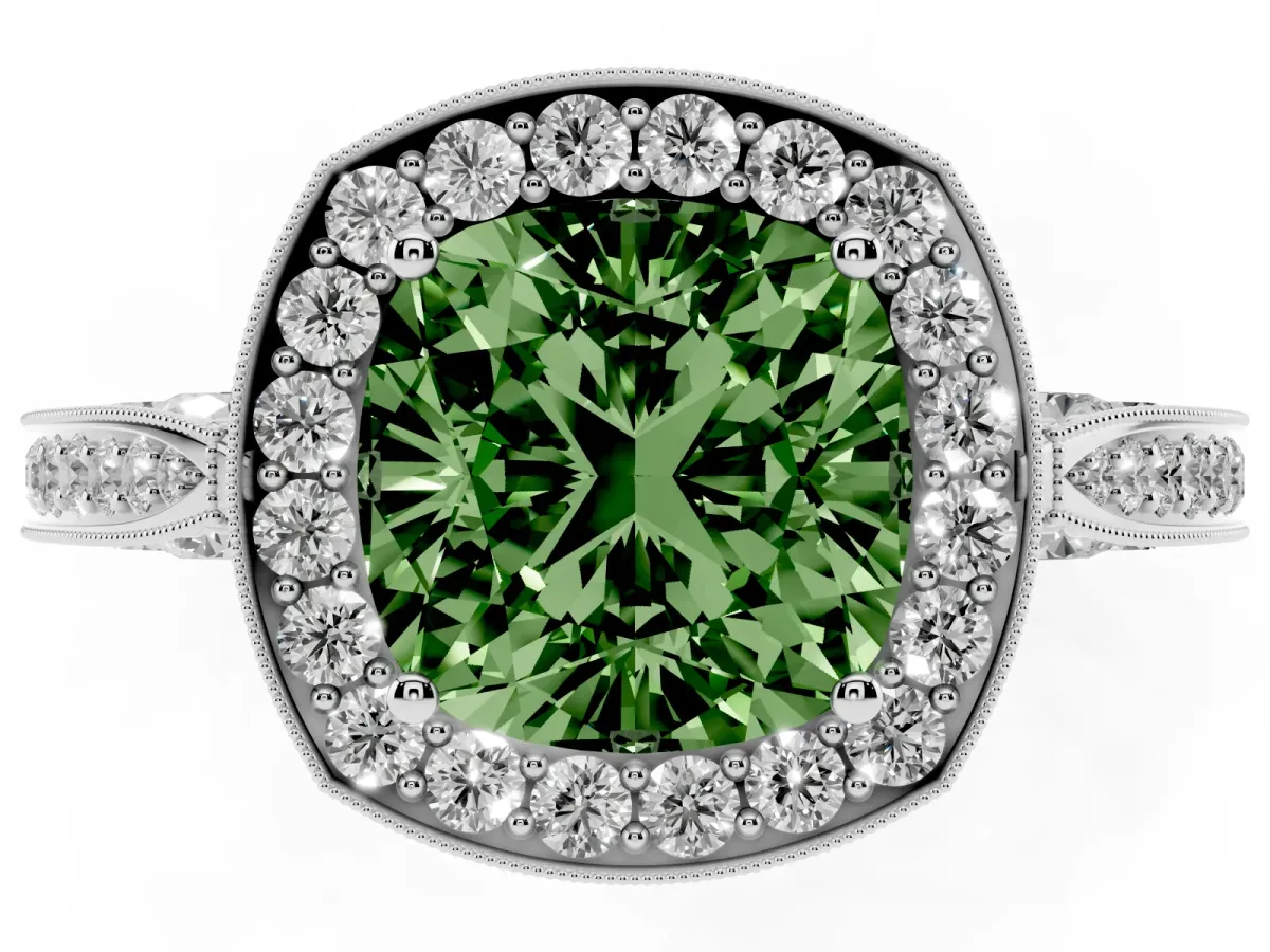 Fancy Green Cushion Cut Halo Diamond Engagement Ring with Split Shank Band and Four-Prong Setting Silver