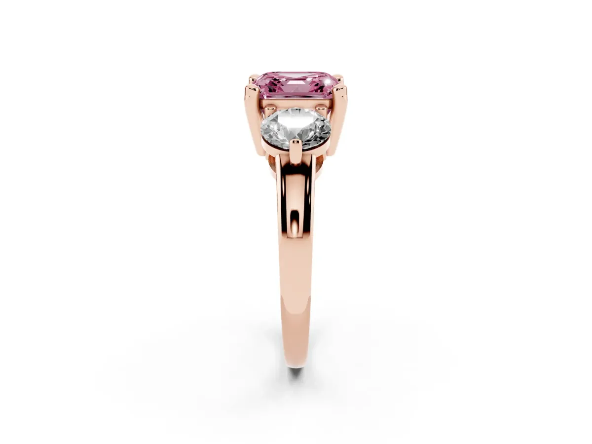 Fancy Pink Three-Stone Asscher Cut Brilliant Cut Solitaire Ring with Prong Setting on a Classic Band Rose gold