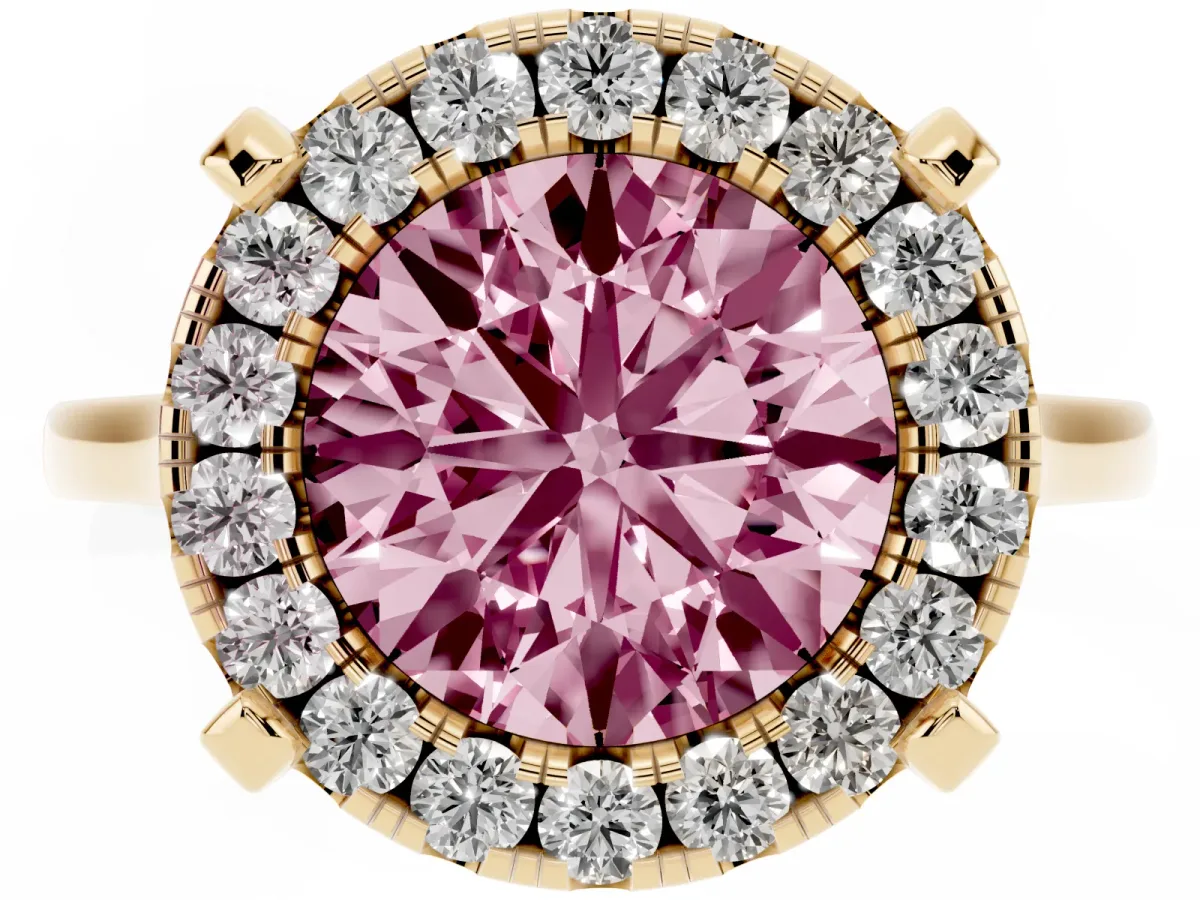 Fancy Pink Round Cut Diamond Cluster Halo Solitaire with Four-Prong Setting Yellow gold