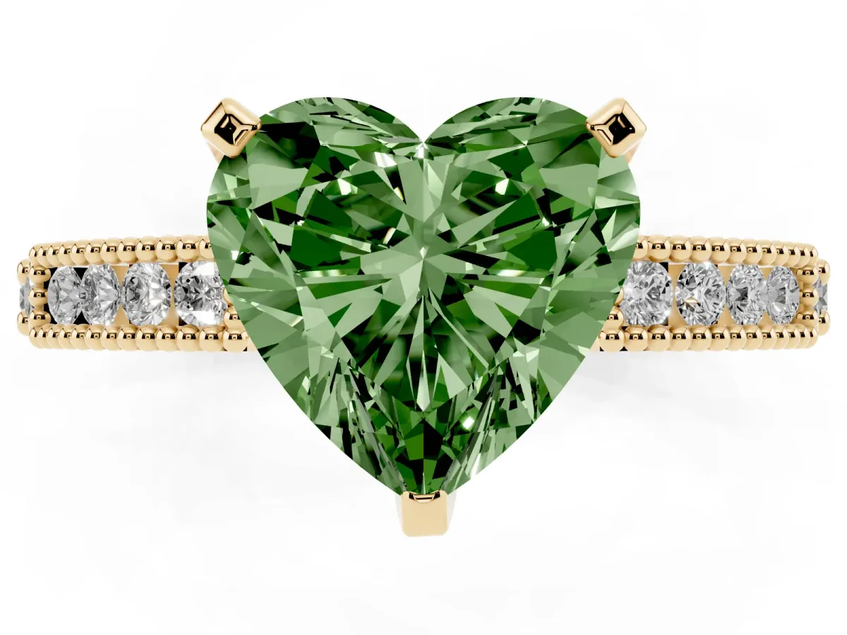 Fancy Green Heart Cut Solitaire with Pavé Band and Four-Prong Setting Yellow gold