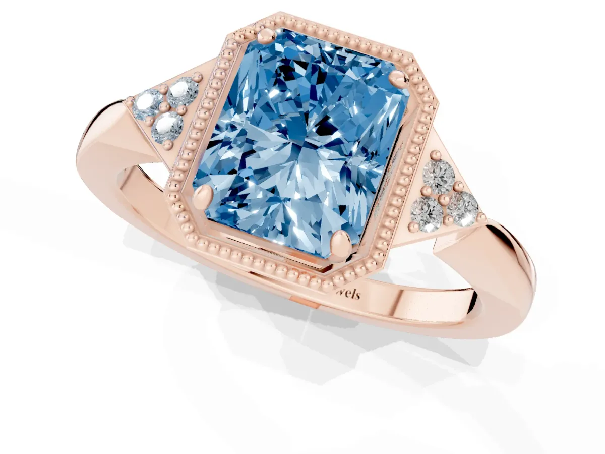 Fancy Blue Hexagonal Halo Radiant Cut Diamond Solitaire with Pavé Band and Four-Prong Setting Rose gold