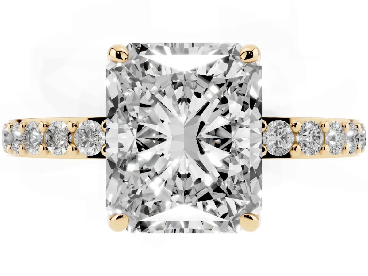 Radiant Cut Diamond Pavé Engagement Ring with Round Accents and Prong Setting Yellow gold