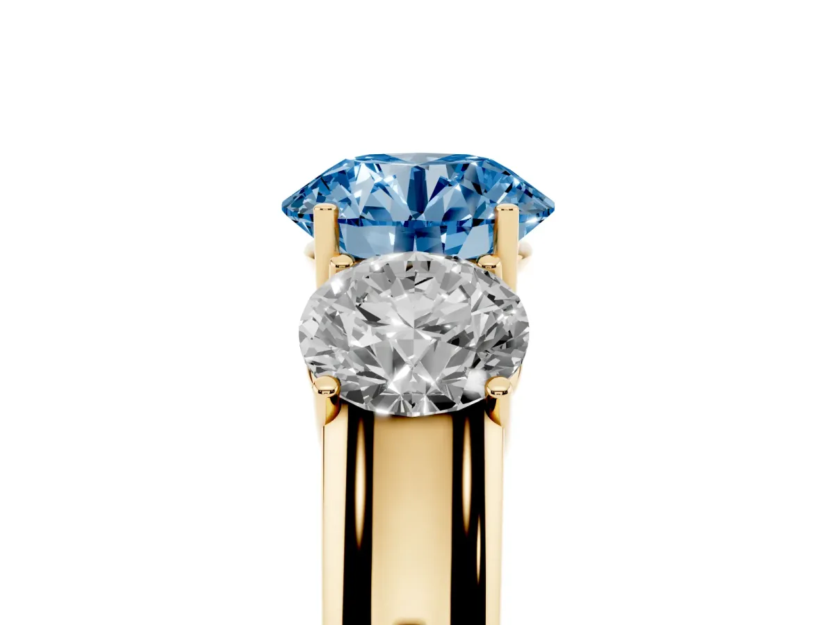 Fancy Blue Three-Stone Round Cut Cut Diamond Ring with Prong Setting and Classic Band Yellow gold