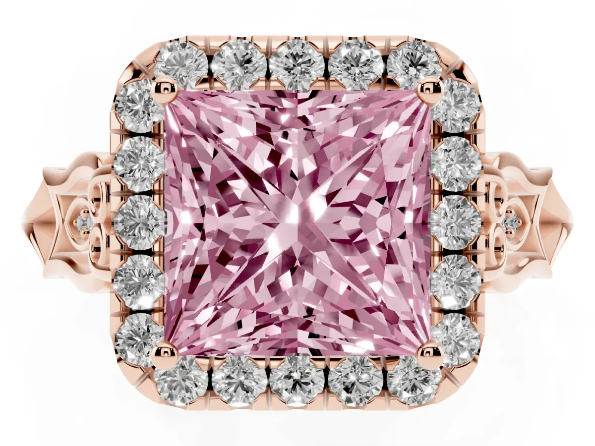 Fancy Pink Princess Cut Halo Diamond Engagement Ring with Filigree Band and Four-Prong Setting Rose gold