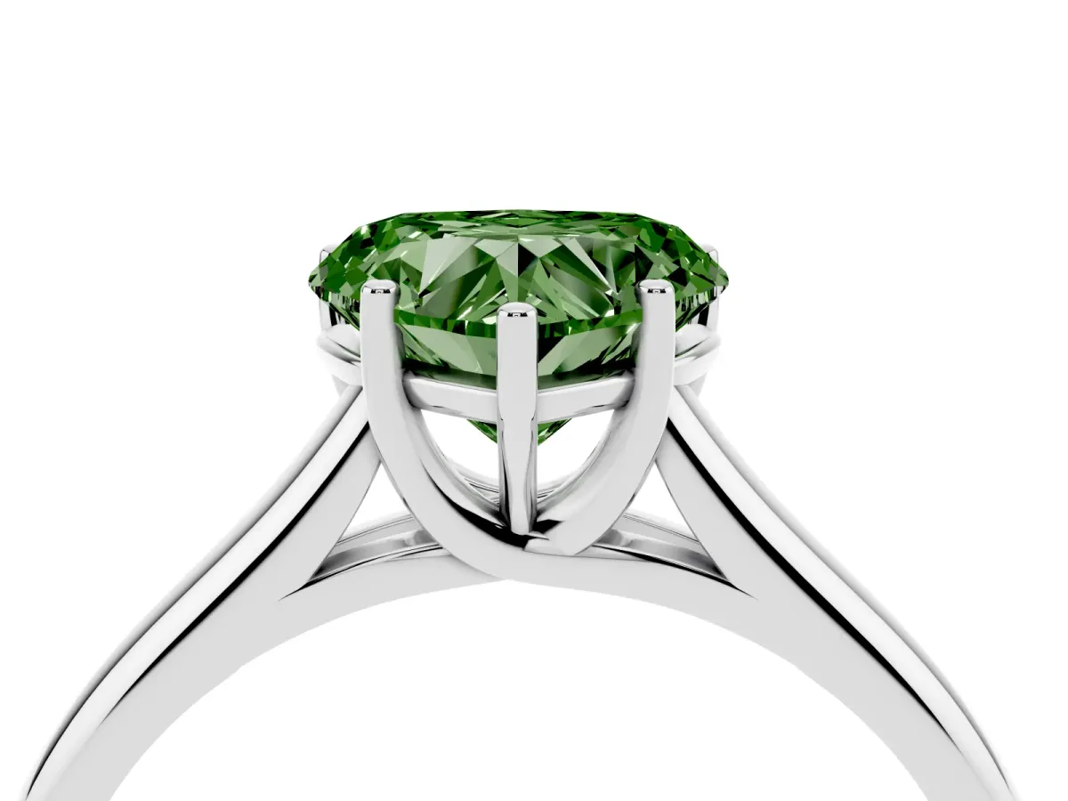 Fancy Green Heart Cut Cut Diamond Solitaire Engagement Ring with Tapered Plain Band and Four-Prong Setting Silver