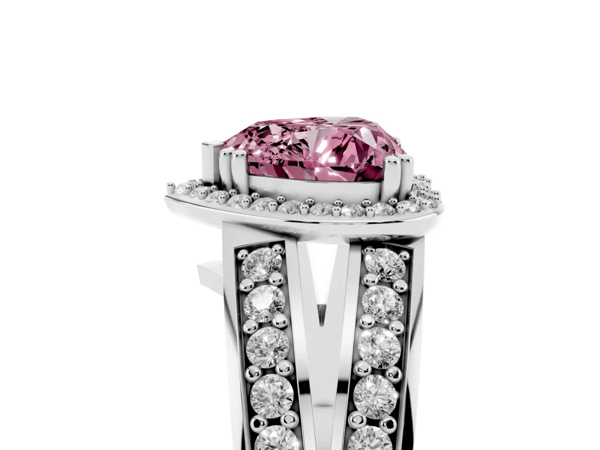 Fancy Pink Heart Cut Diamond Halo Ring with Split Shank Pavé Band and Four-Prong Setting Platinum