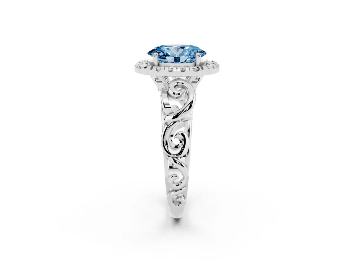 Fancy Blue Oval Cut Cut Halo Diamond Ring with Scrollwork Band and Four-Prong Setting Silver