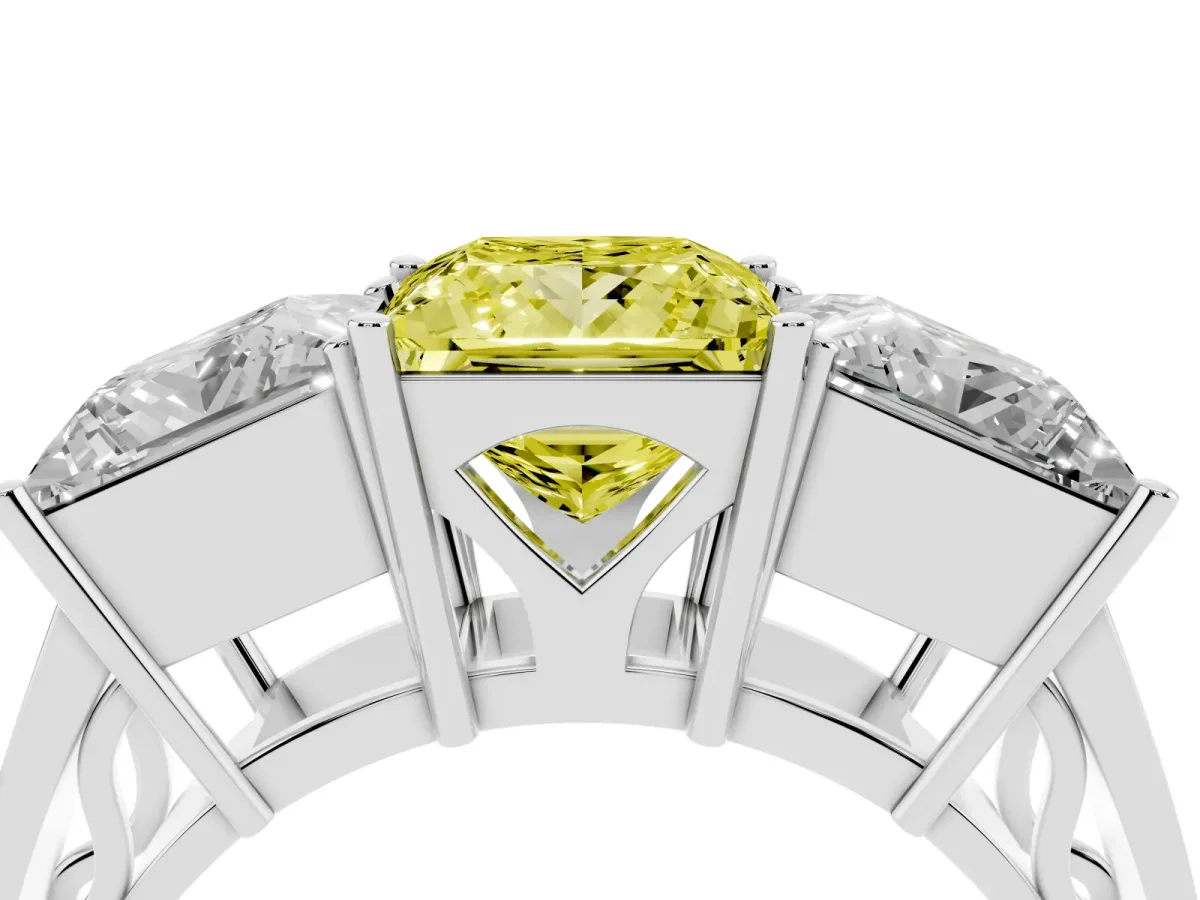 Fancy Yellow Princess Cut Diamond Three-Stone Ring with Prong Setting and Textured Band Silver