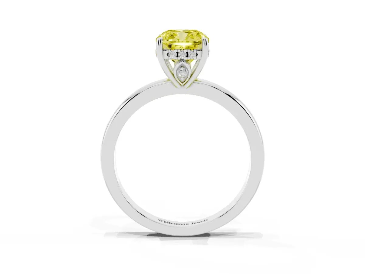 Fancy Yellow Cushion Cut Solitaire Diamond Ring with Prong Setting and Plain Band Platinum