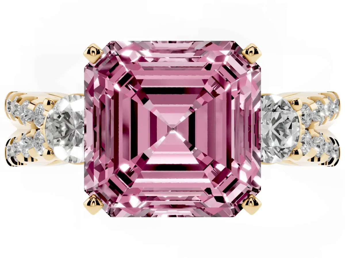 Fancy Pink Asscher Cut Diamond Three-Stone Ring with Pavé Split Shank and Four-Prong Setting Yellow gold