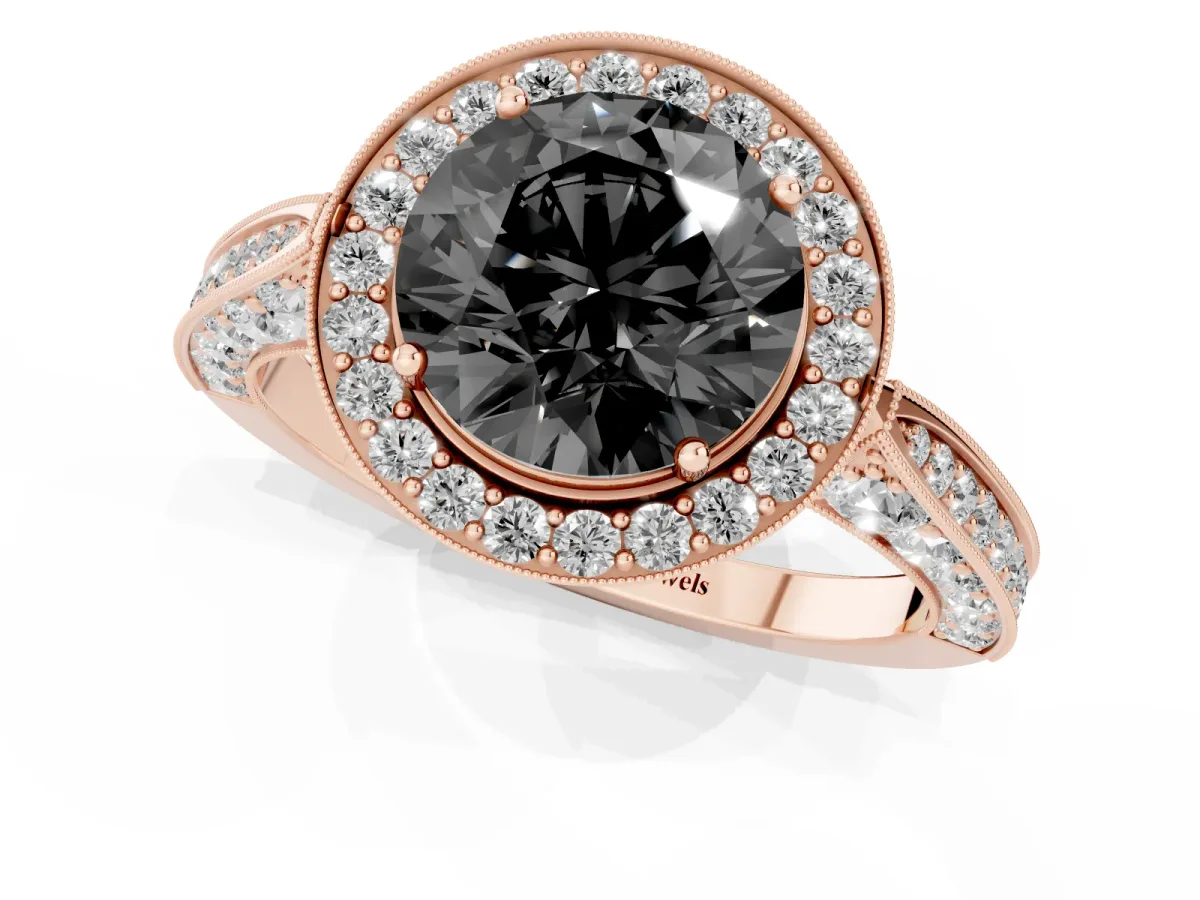 Fancy Black Round Cut Halo Diamond Engagement Ring with Split Shank Band and Four-Prong Setting Rose gold