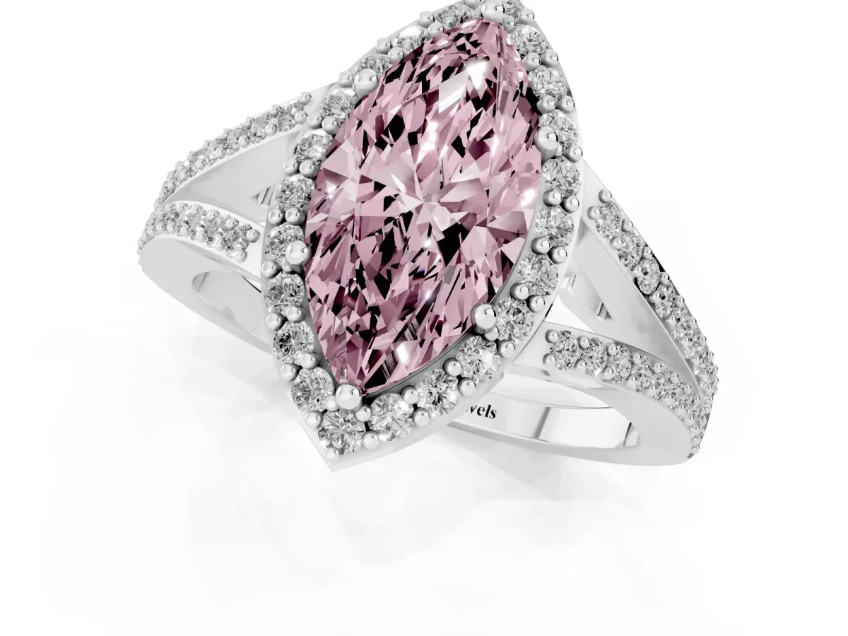 Fancy Pink Marquise Cut Halo Split Shank Diamond Ring with Prong Setting Platinum