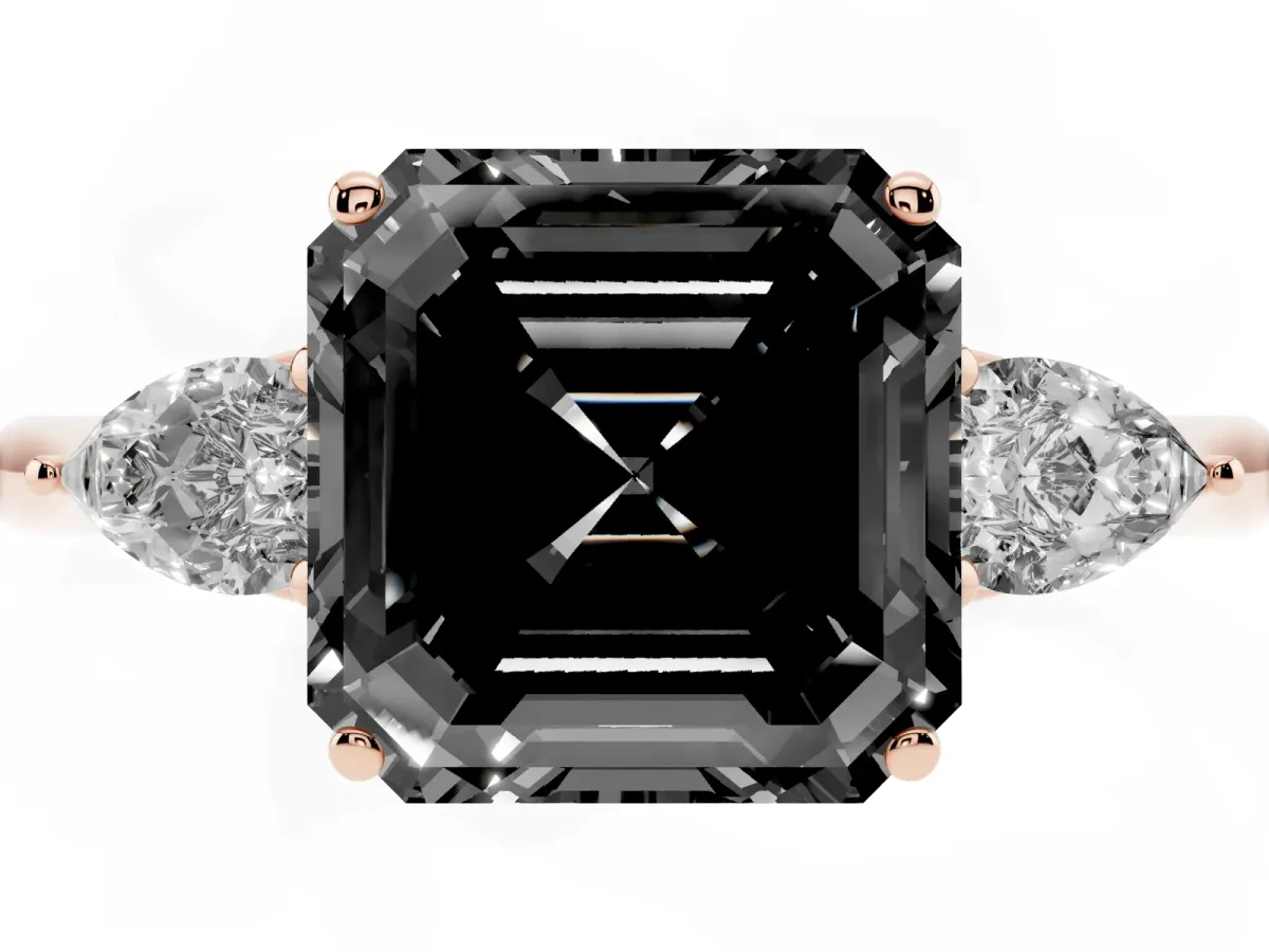 Fancy Black Three-Stone Asscher Cut Brilliant Diamond Solitaire Ring with Tapered Band and Four-Prong Setting Rose gold