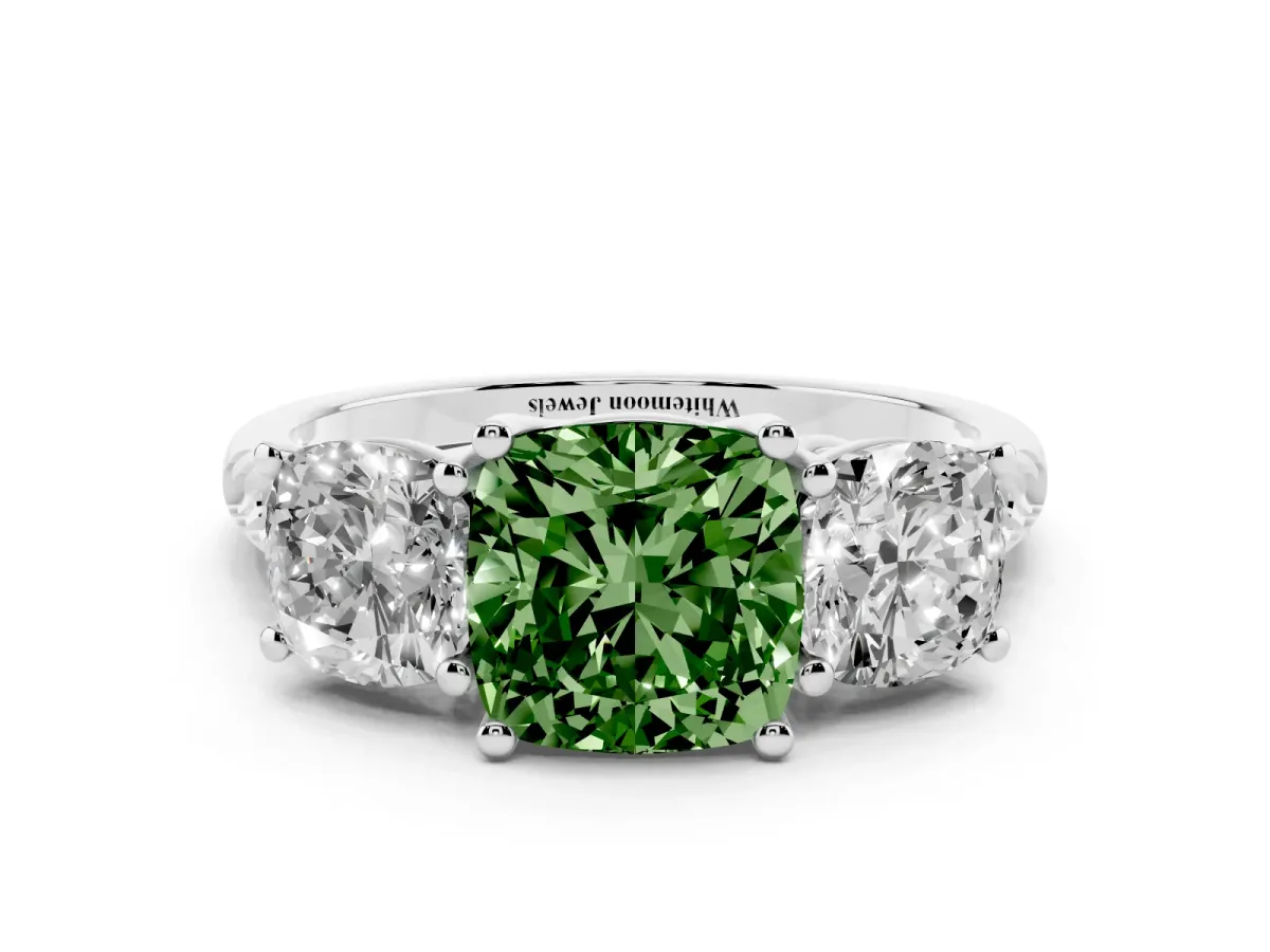 Fancy Green Three-Stone Cushion Cut Diamond Ring with Round Pavé Band and Prong Setting Silver
