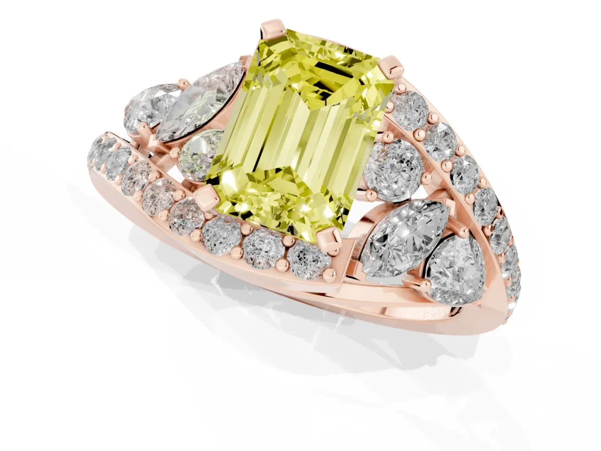 Fancy Yellow Emerald Cut Diamond Halo Ring with Marquise and Pavé Band in Prong Setting Rose gold