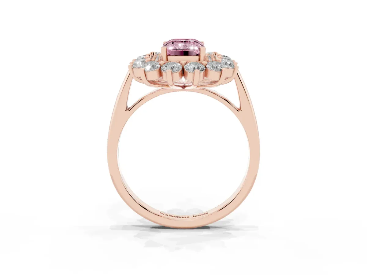 Fancy Pink Emerald Cut Diamond Floral Double Halo Engagement Ring with Prong Setting Rose gold