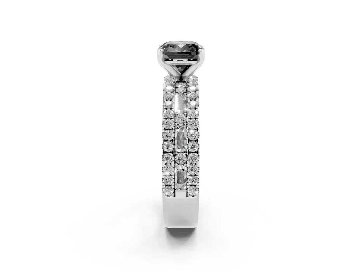 Fancy Black Cushion Cut Diamond Solitaire Ring with Pavé and Channel Set Band Silver
