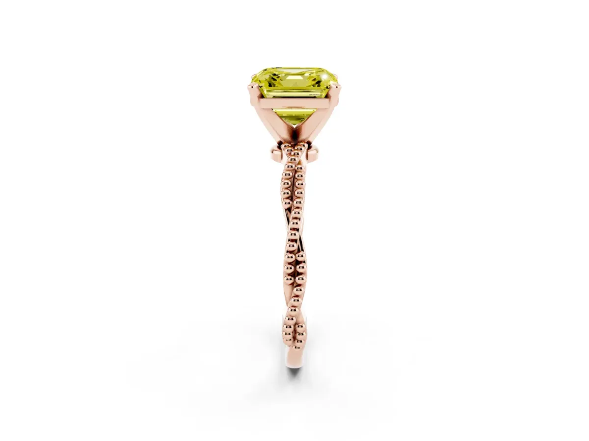 Fancy Yellow Asscher Cut Solitaire Twisted Band with Bead Prong Setting Rose gold