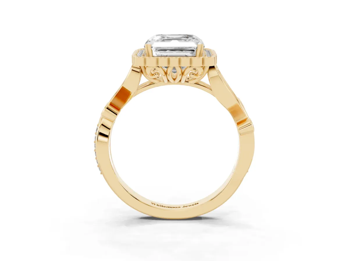 Asscher Cut Diamond Halo Ring with Vintage Split Shank and Four-Prong Setting Yellow gold