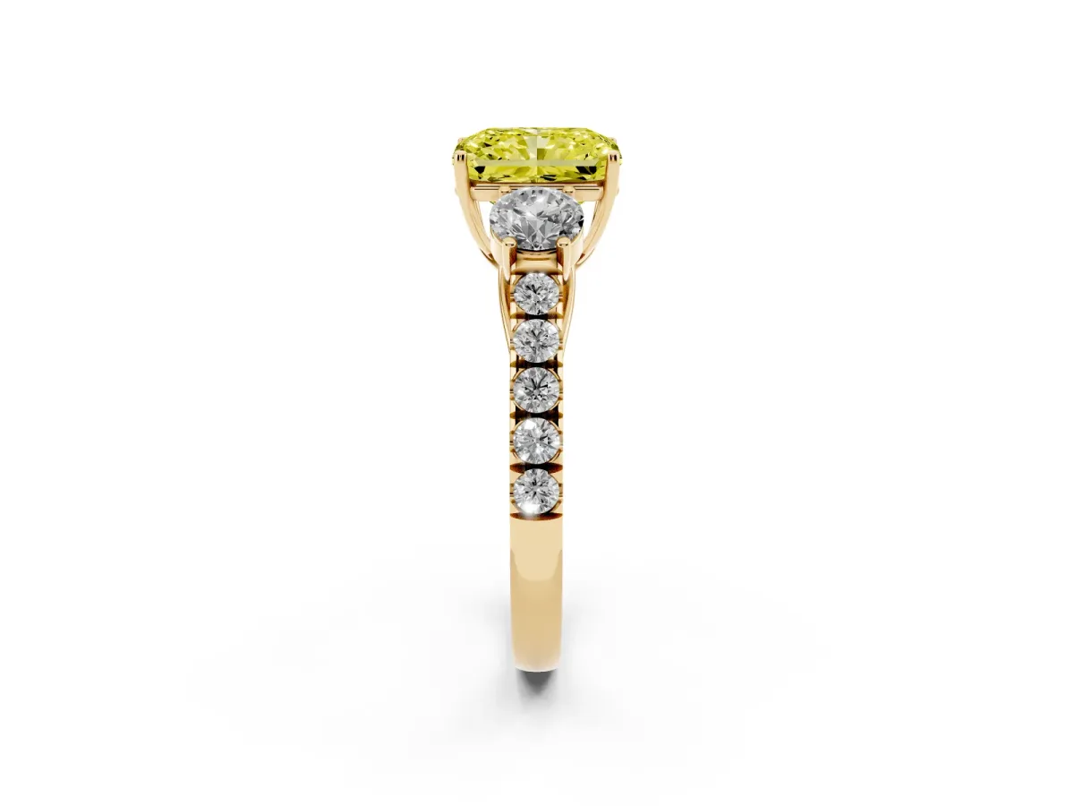 Fancy Yellow Radiant Cut Cut Diamond Three-Stone Ring with Round Side Stones and Pavé Band Yellow gold