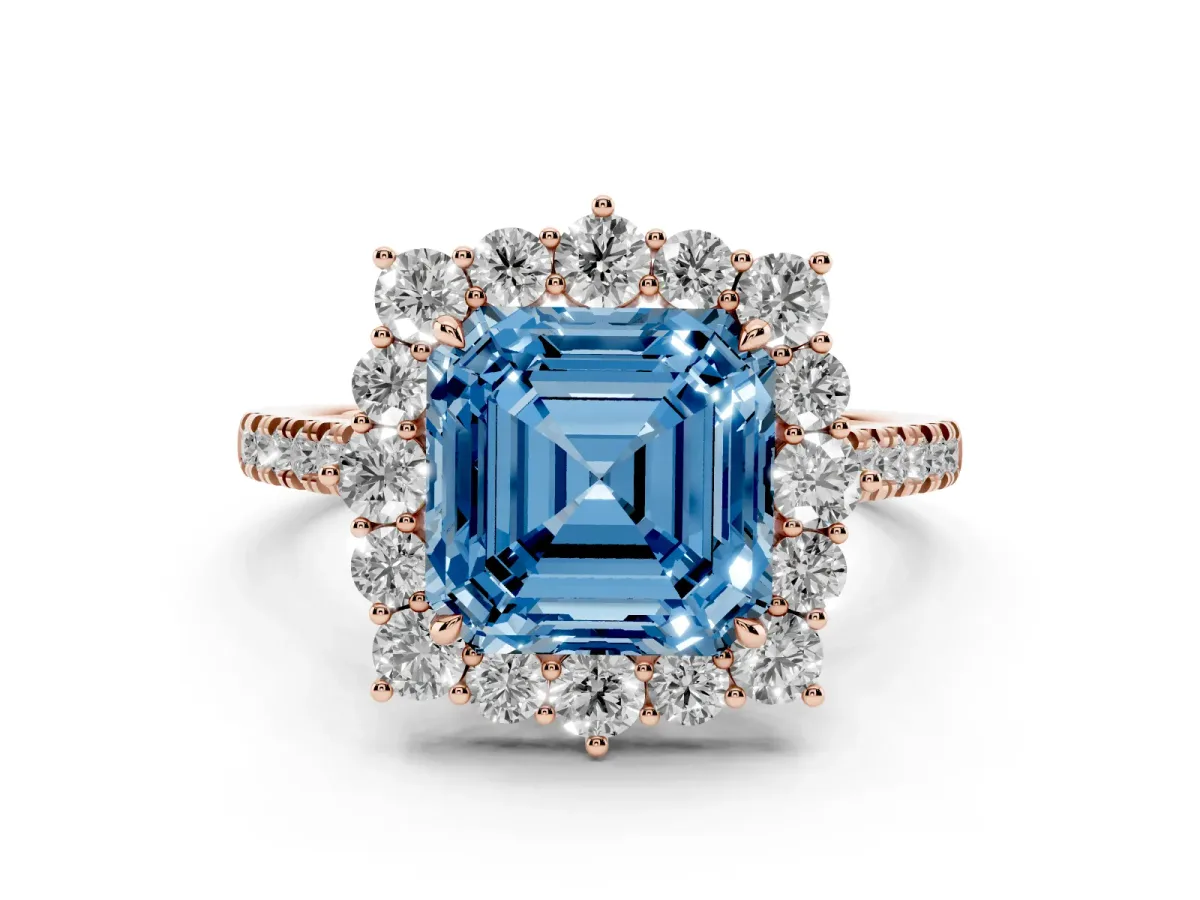 Fancy Blue Asscher Cut Halo Diamond Ring with Pavé Band and Prong Setting Rose gold