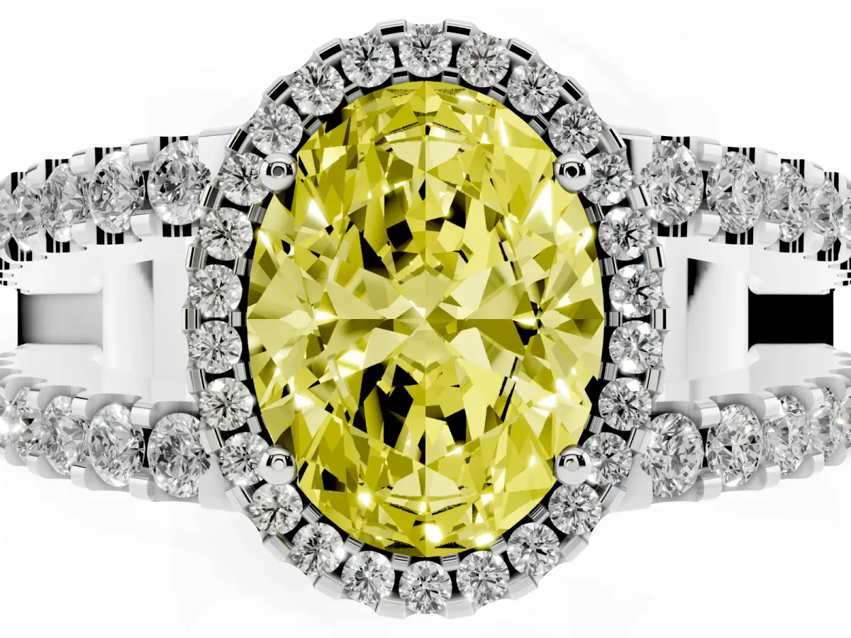 Fancy Yellow Oval Cut Cut Halo Split Shank Diamond Ring with Four-Prong Setting White gold