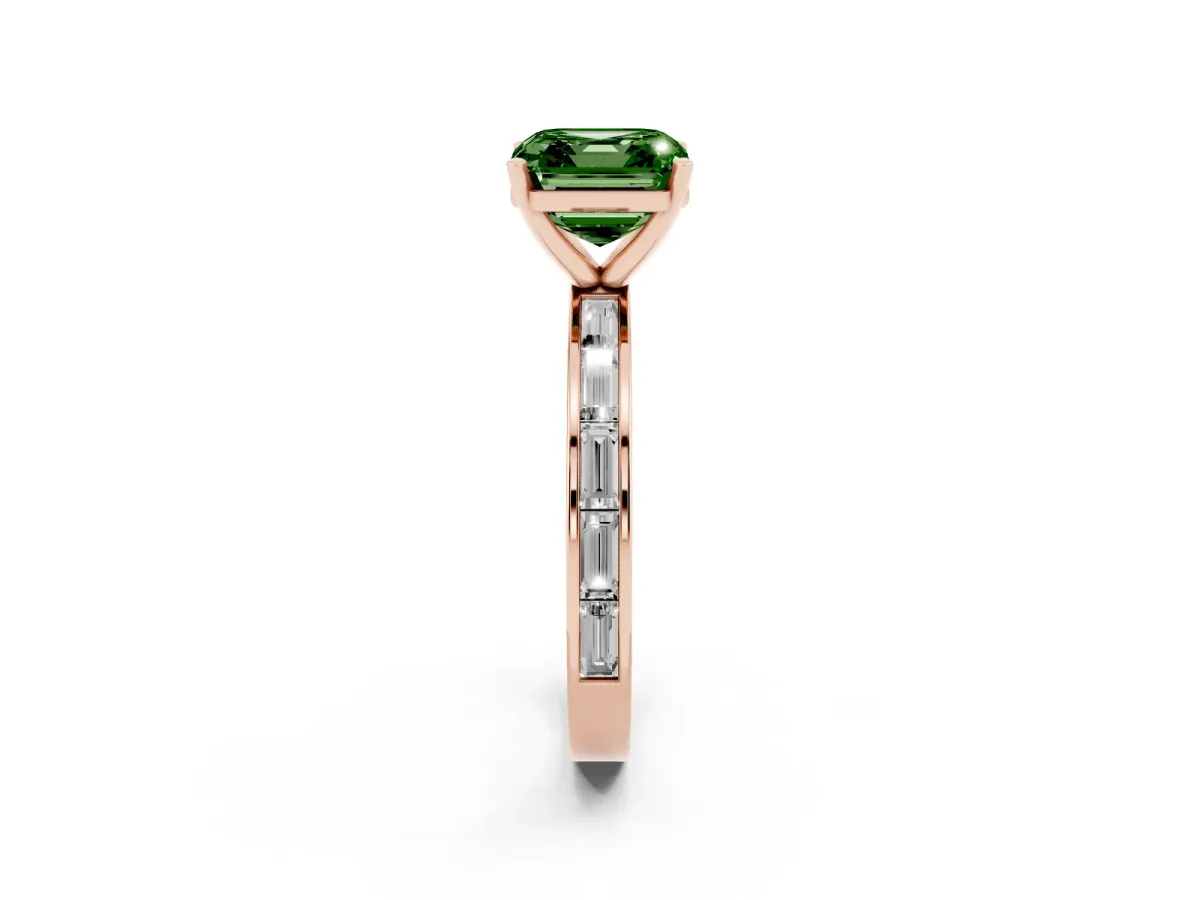 Fancy Green Asscher Cut Solitaire Diamond Ring with Channel-Set Baguette Band and Four-Prong Setting Rose gold