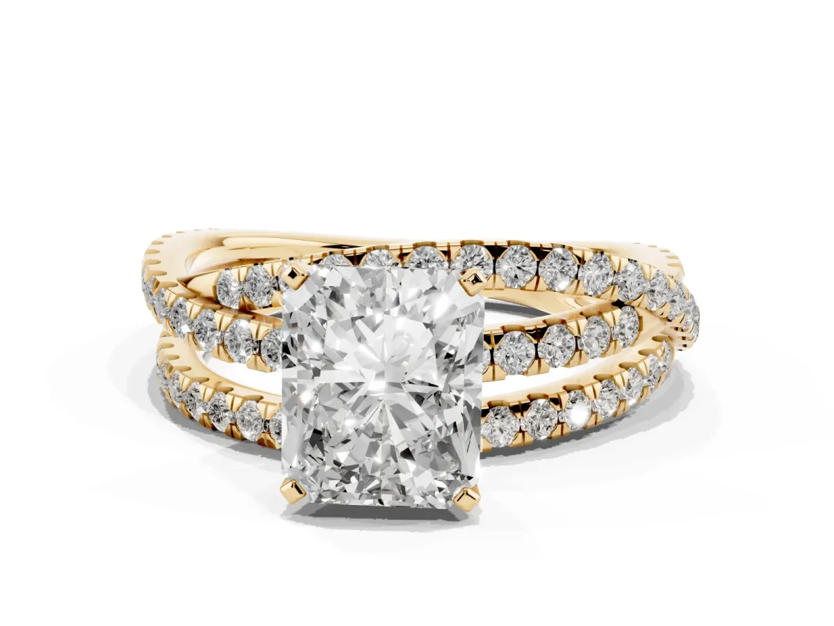 Radiant Cut Solitaire Twist Band with Pavé Setting and Four-Prong Setting Yellow gold