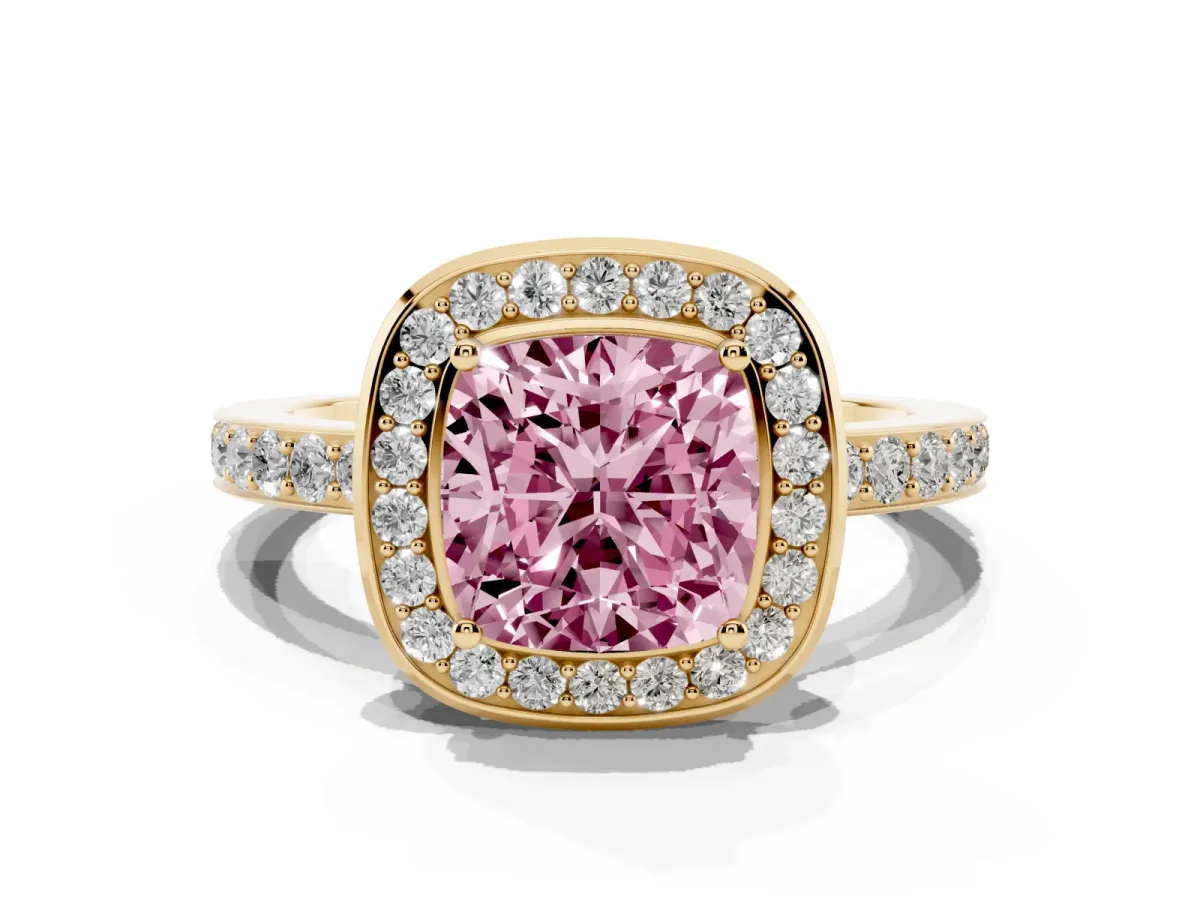Fancy Pink Cushion Cut Diamond Halo Ring with Bezel Frame and Pavé Band Yellow gold