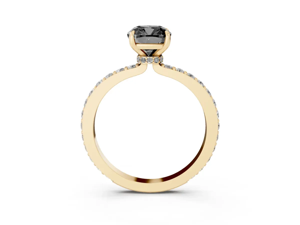 Fancy Black Cushion Cut Diamond Solitaire Engagement Ring with Pavé Band and Four-Prong Setting Yellow gold
