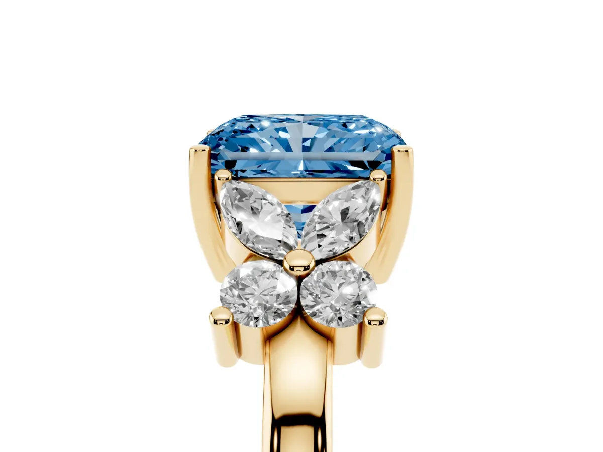 Fancy Blue Radiant Cut Diamond Floral Cluster Ring with Solitaire Band and Prong Setting Yellow gold