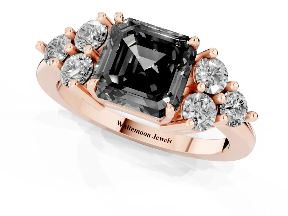 Fancy Black Asscher Cut Brilliant Diamond Cluster Accent Solitaire Ring with Prong Setting Rose gold