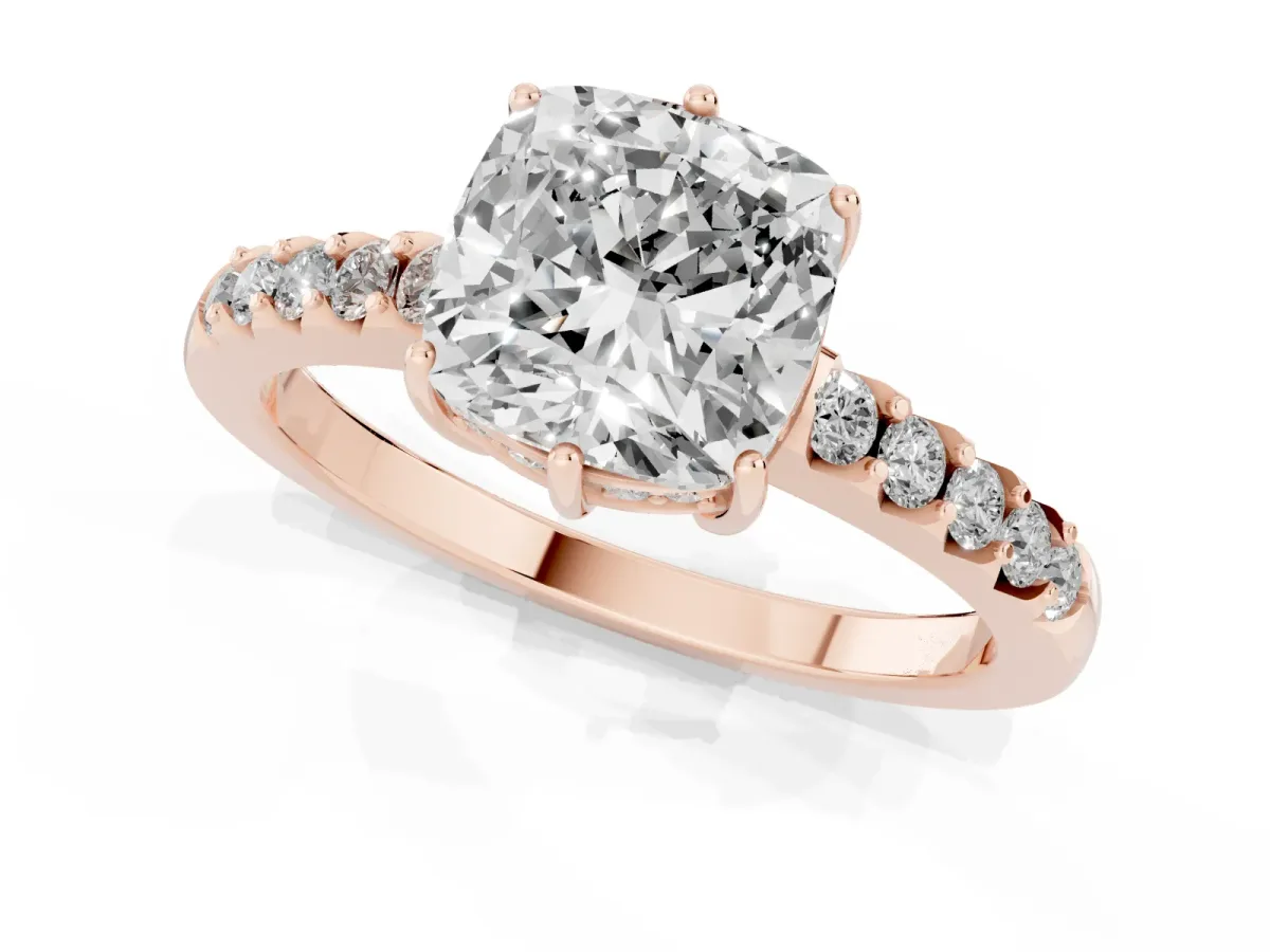 Cushion Cut Solitaire Diamond Engagement Ring with Pavé Band and Six-Prong Setting Rose gold