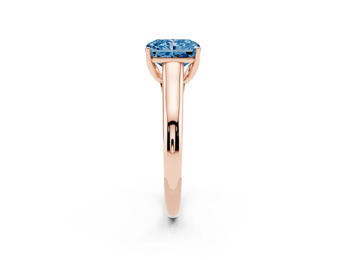 Fancy Blue Radiant Cut Solitaire Engagement Ring with Tapered Band and Four-Prong Setting Rose gold