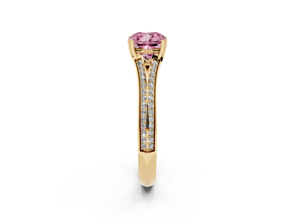 Fancy Pink Cushion Cut Diamond Split Shank Engagement Ring with Pavé Band Yellow gold