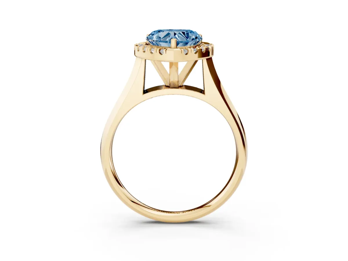 Fancy Blue Heart Cut Cut Halo Solitaire Engagement Ring with Square Band and Four-Prong Setting Yellow gold
