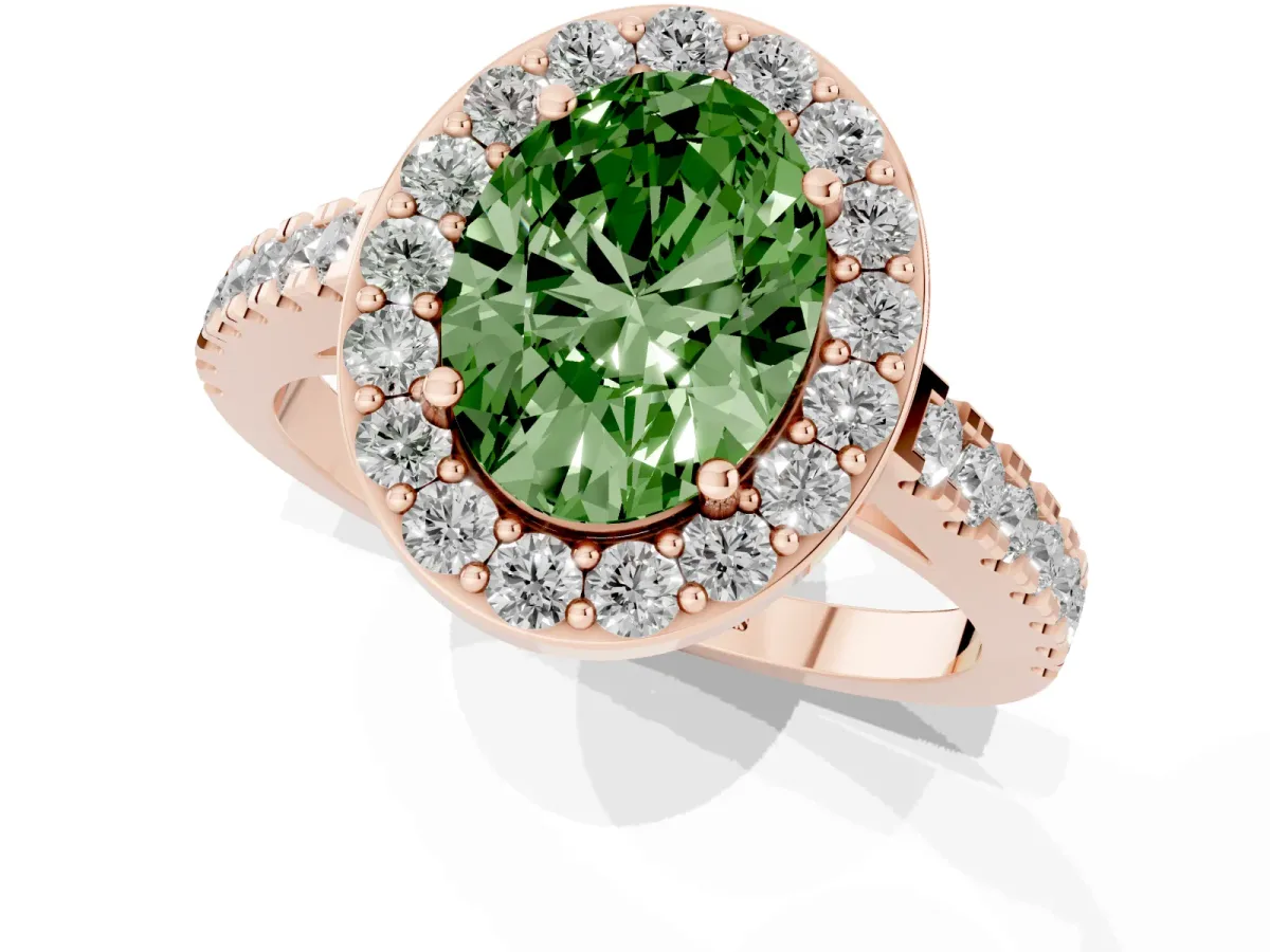 Fancy Green Oval Cut Diamond Halo Ring with Round Pavé Split Shank and Prong Setting Rose gold