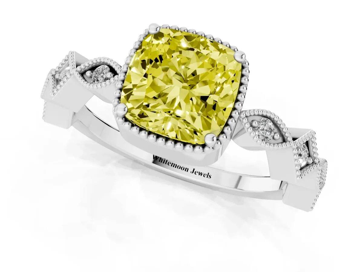 Fancy Yellow Cushion Cut Milgrain Marquise Diamond Twist Band Ring Silver