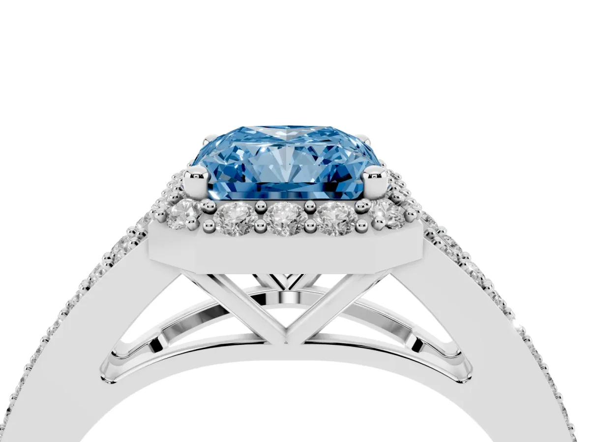 Fancy Blue Radiant Cut Halo Split Shank Diamond Ring with Prong Setting Silver