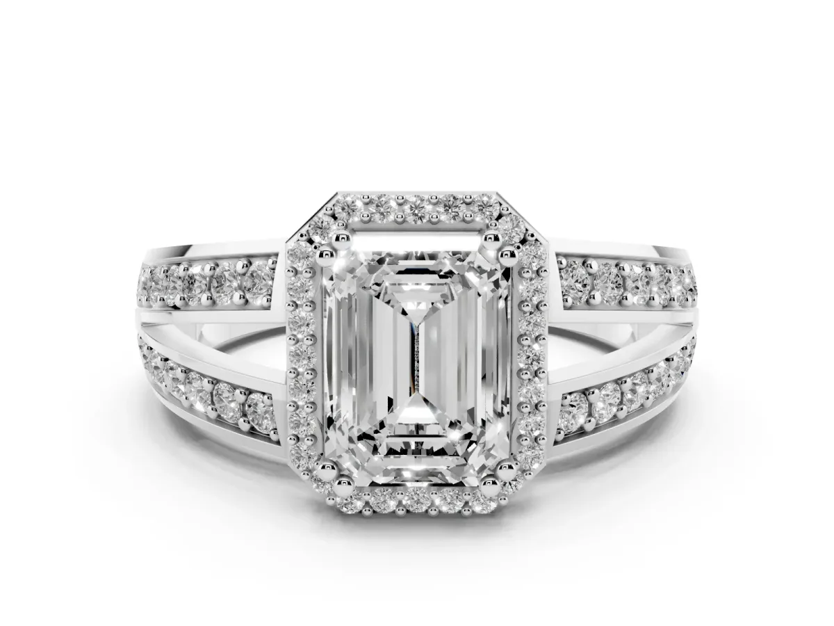 Emerald Cut Diamond Halo Ring with Split Shank Pavé Band and Four-Prong Setting Platinum