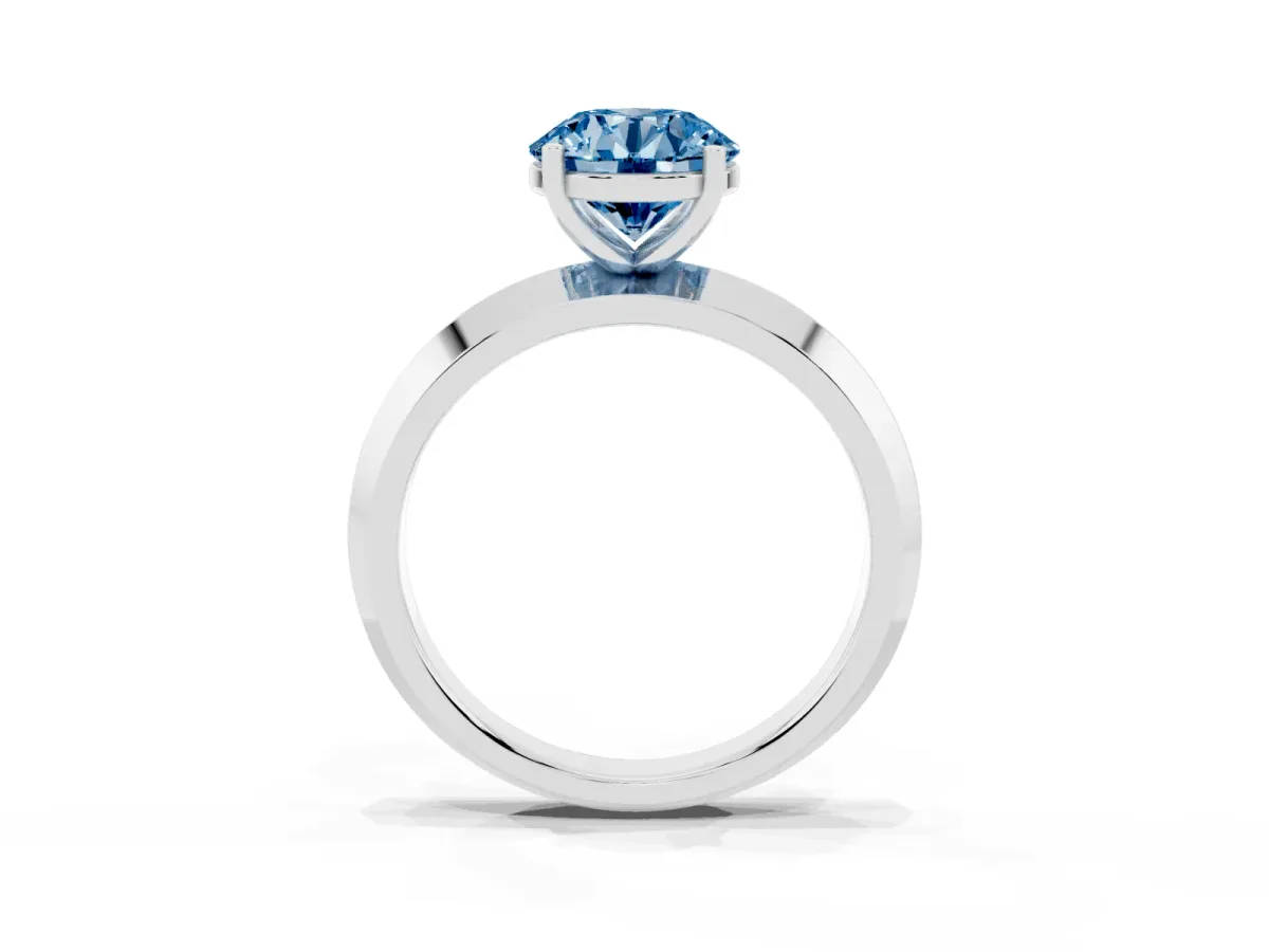Fancy Blue Round Cut Cut Solitaire Engagement Ring with Flat Band and Four-Prong Setting Silver