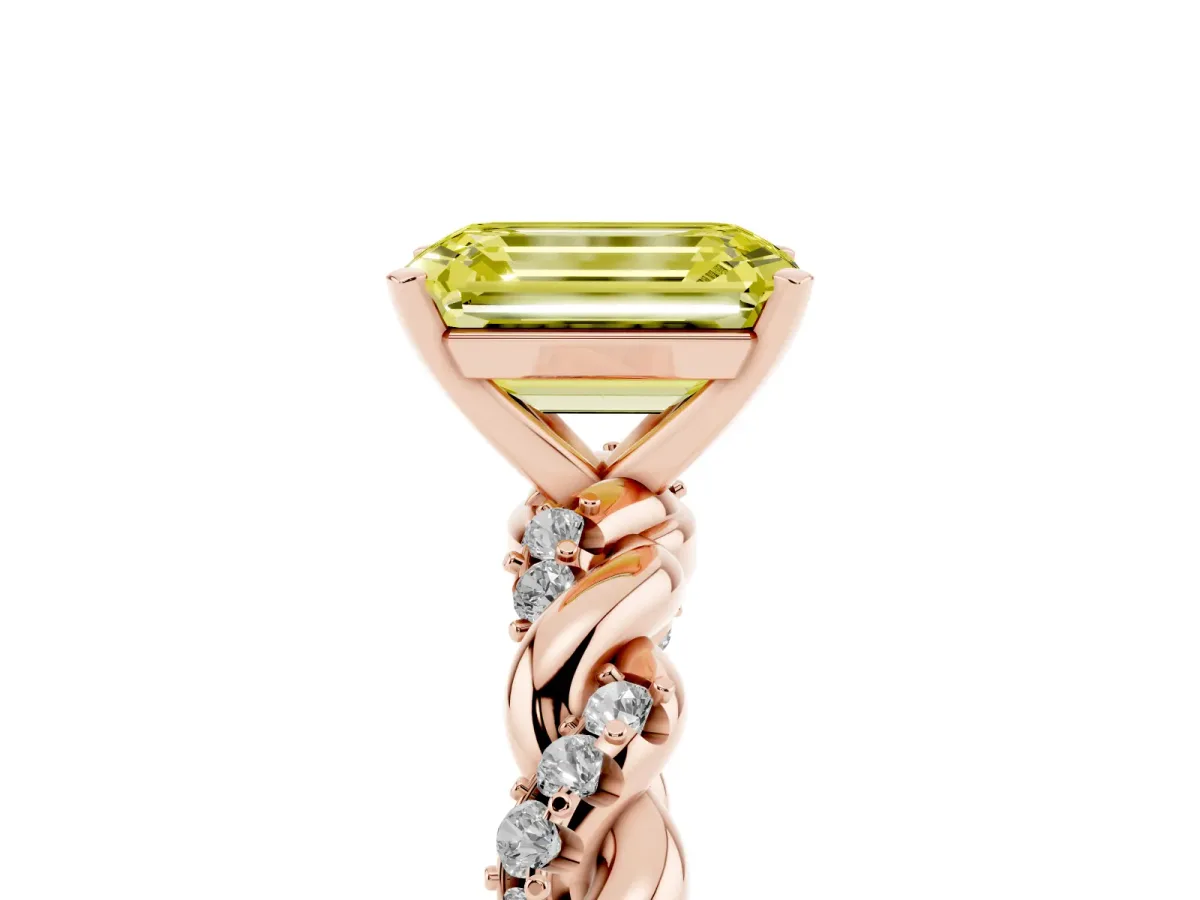 Fancy Yellow Emerald Cut Diamond Solitaire Ring with Twisted Band and Pavé Accents Rose gold